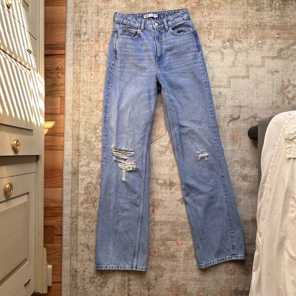 Zara Blue Flare Wide Leg Jeans with High Waist and Distressed Knees